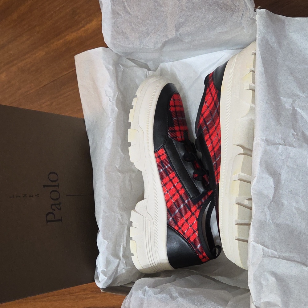 LINEA PAOLO ROWEN SLIP ON PLATFORM SNEAKERS RED BLACK WHITE PLAID NEW IN BOX 7 - Picture 12 of 12